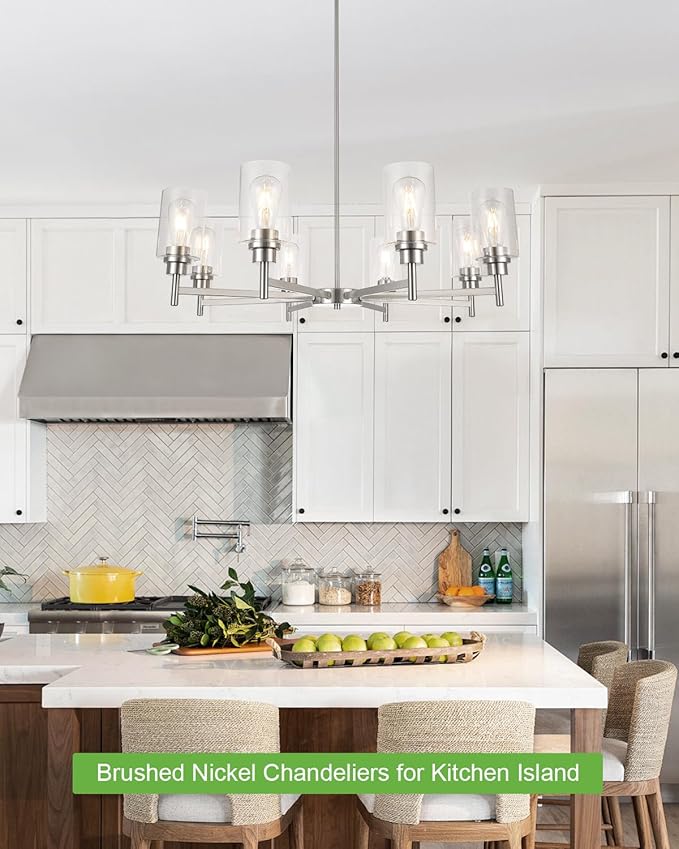 Brushed Nickel Chandeliers for Dining Room, Farmhouse Chandeliers Light Fixture with Clear Glass Shades 8 Light Dining Room Light Fixtures Pendant Lights for Kitchen Island Living Room