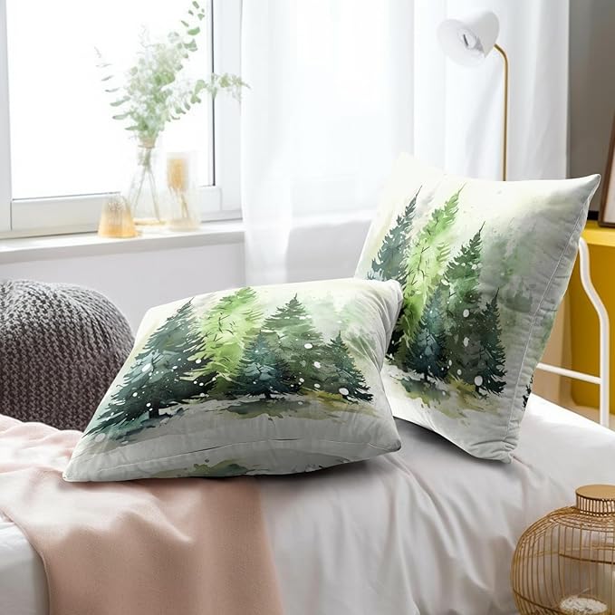 Christmas Throw Pillow Covers 20x20 Set of 2, Winter Green Pine Tree Snowflake Forest Farmhouse Decorative Pillow Cases Cotton Cushion Cover for Home Sofa Couch Decor