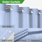 no Hook Shower Curtain and Liner Set，Boho Style with See Through Top Window, Blue Fabric Tufted Striped Textured Outer Curtain & Waterproof Inner Liner, FrostBlue, 71Wx77H