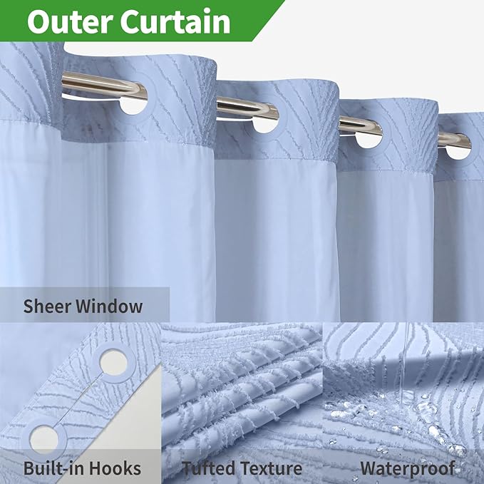 no Hook Shower Curtain and Liner Set，Boho Style with See Through Top Window, Blue Fabric Tufted Striped Textured Outer Curtain & Waterproof Inner Liner, FrostBlue, 71Wx77H