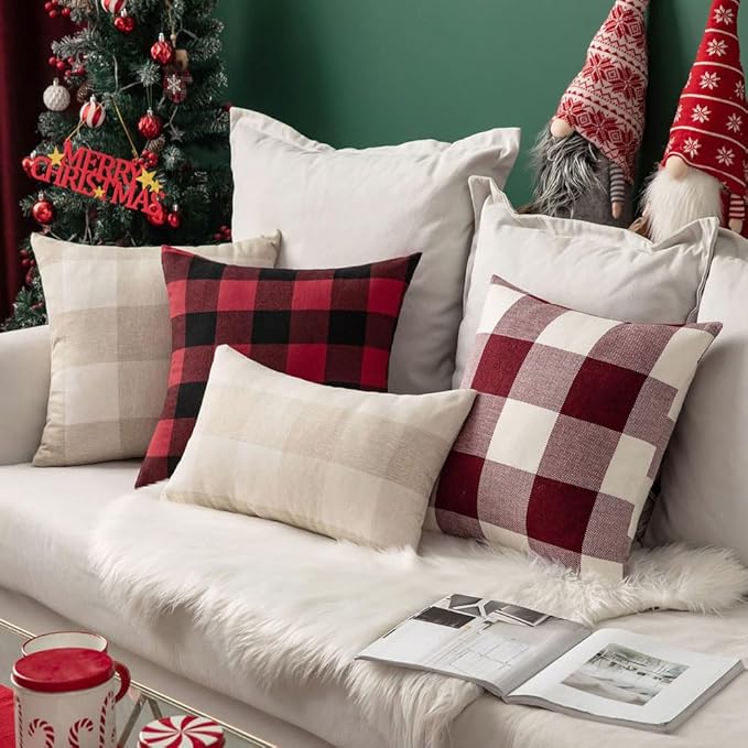 MIULEE Pack of 2 Christmas Classic Farmhouse Buffalo Check Plaids Polyester Linen Soft Soild Decorative Porch Throw Pillow Covers Home Decor Cushion Case for Sofa Bedroom 18x18 Inch, Black and Red