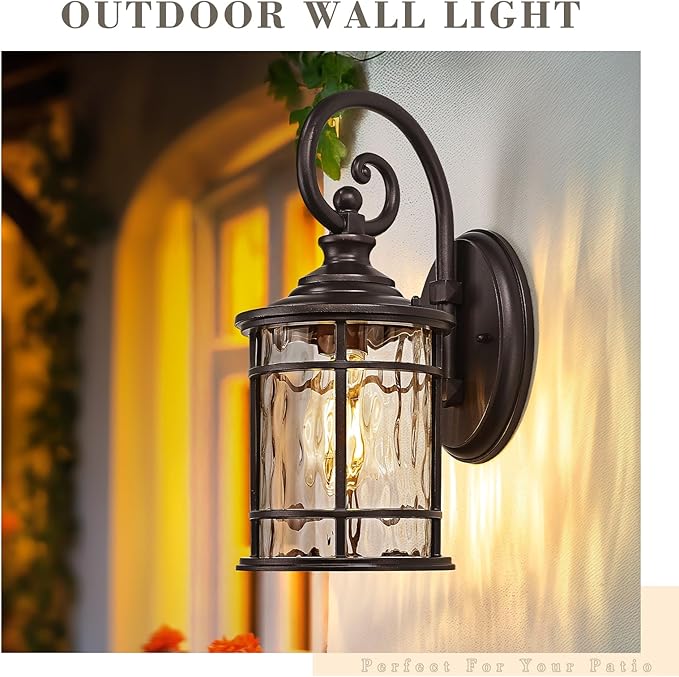 Emliviar 15.5" Outdoor Wall Mounted Light Fixture, Farmhouse Porch Lighting in Oil Rubbed Bronze Finish, Outside Lantern for Yard with Water Ripple Glass Shade, XE229B ORB WG