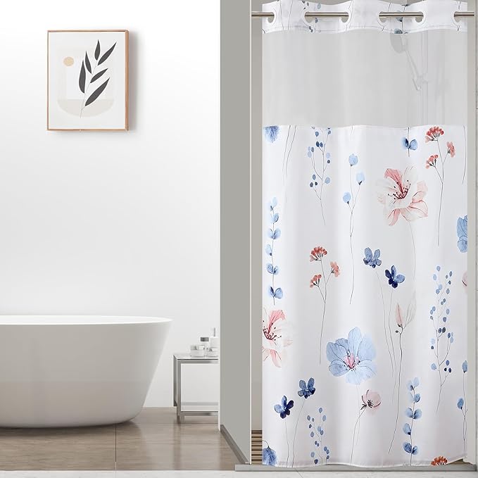 QiyI Small Stall Flower Shower Curtain with Snap in Liner, Blue Watercolor Floral Cloth Bath Curtains, No Hook Shower Curtains with Mesh Top Window, Fabric Waterproof Curtain Set, 36 x 75 Inch