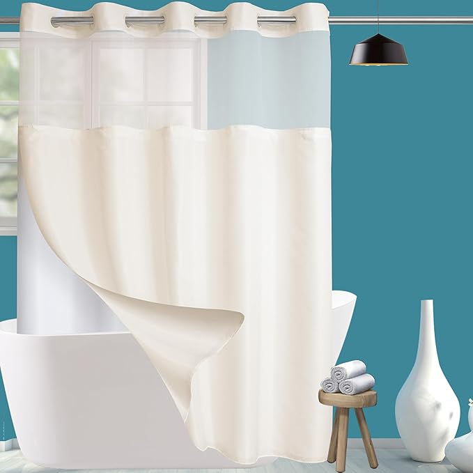 Extra Long No Hook Shower Curtain with Snap in Liner Set, Hotel Luxury Beige Fabric Shower Curtains for Bathroom with See Through Top Window, Washable, Waterproof 71W x 84H