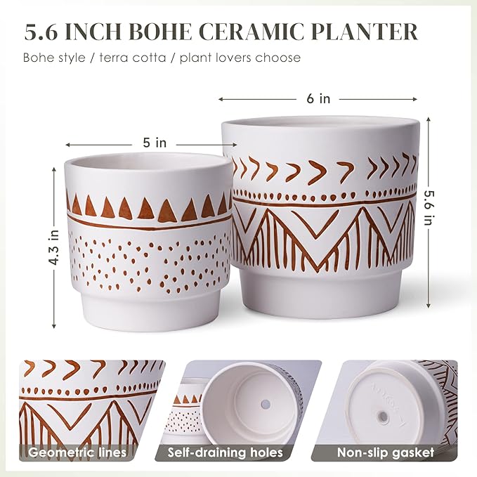 Geometric Ceramic Planters, 6 Inch Hand-Painted Ceramic Embossed Plant Pots with Drainage Holes, 2 Set Boho Minimalistic Planters for Indoor and Outdoor Plants(Beige & Brown)