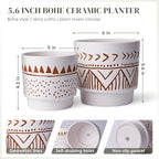 Geometric Ceramic Planters, 6 Inch Hand-Painted Ceramic Embossed Plant Pots with Drainage Holes, 2 Set Boho Minimalistic Planters for Indoor and Outdoor Plants(Beige & Brown)