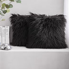 Phantoscope Pack of 2 Faux Fur Solid Throw Decorative Pillow Cover Cushion Covers Luxury Soft Decorative Pillowcase Fuzzy Pillow Covers for Bed/Couch,Black 22 x 22 Inches