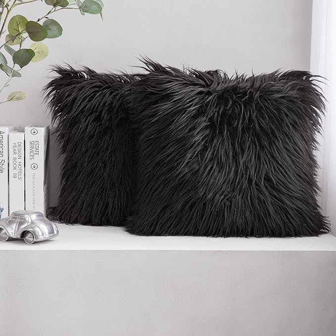 Phantoscope Pack of 2 Faux Fur Solid Throw Decorative Pillow Cover Cushion Covers Luxury Soft Decorative Pillowcase Fuzzy Pillow Covers for Bed/Couch,Black 26 x 26 Inches