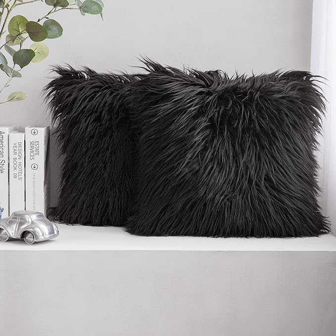 Phantoscope Pack of 2 Faux Fur Solid Throw Decorative Pillow Cover Cushion Covers Luxury Soft Halloween Decorative Pillowcase Fuzzy Pillow Covers for Bed/Couch, Black 18 x 18 Inches