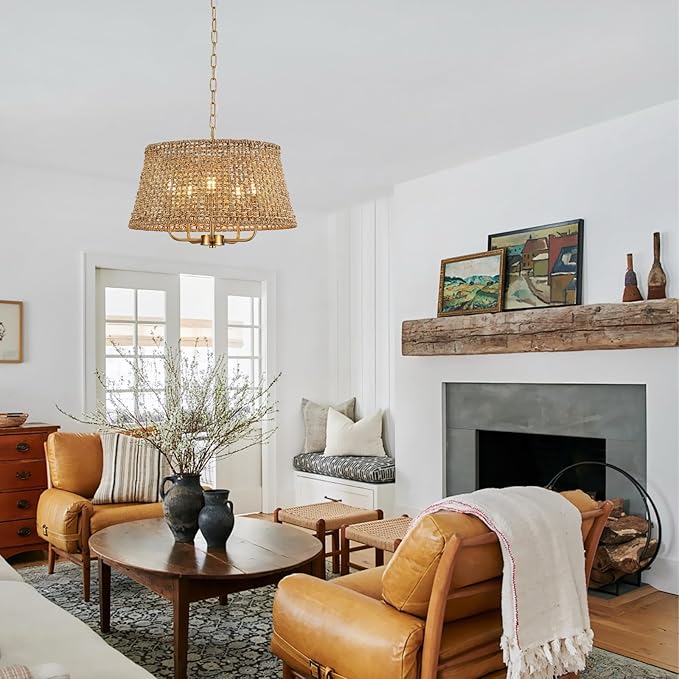 Hand-Woven Rattan Chandelier Vintage Farmhouse Boho Bamboo Chandeliers Light Fixture Retro Drum Wicker Rattan Gold Chandelier for Dining Room, Kitchen, Living Room