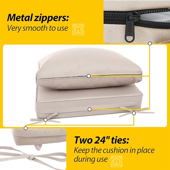 AAAAAcessories Outdoor Deep Seat Cushions, Waterproof, Fade-Resistant Patio Furniture Replacement Cushions, 23.5" x 25.5" x 5" + 23.5" x 13.5", Set of 4, Khaki Beige