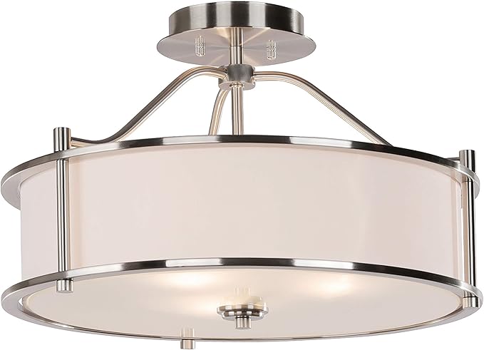 XiNBEi Lighting Semi Flush Mount Ceiling Light 18 inch 3 Light Close to Ceiling Light with Fabric Shade and Glass Diffuser, Brushed Nickel Drum Semi Flush Light for Dinning & Bedroom XB-SF1199-BN