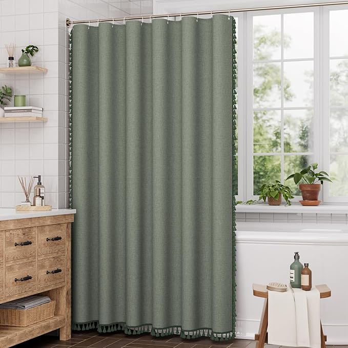 AmazerBath Farmhouse Shower Curtain, Sage Green Linen Shower Curtain with 3 Side Green Tassel, Boho Shower Curtain Set with 12 Upgraded Hooks for Neutral Country Bathroom, 72x72 Inches