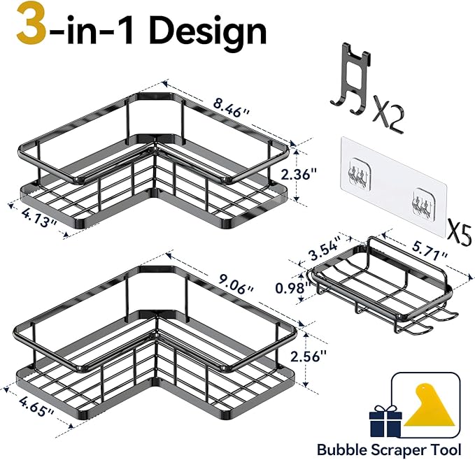 YASONIC Corner Shower Caddy Organizer, 3-Pack Adhesive Rustproof Stainless Steel Shower Shelves with Soap Holder, No Drilling Shower Storage Rack for Family Renters Bathroom, Black