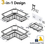 YASONIC Corner Shower Caddy Organizer, 3-Pack Adhesive Rustproof Stainless Steel Shower Shelves with Soap Holder, No Drilling Shower Storage Rack for Family Renters Bathroom, Black