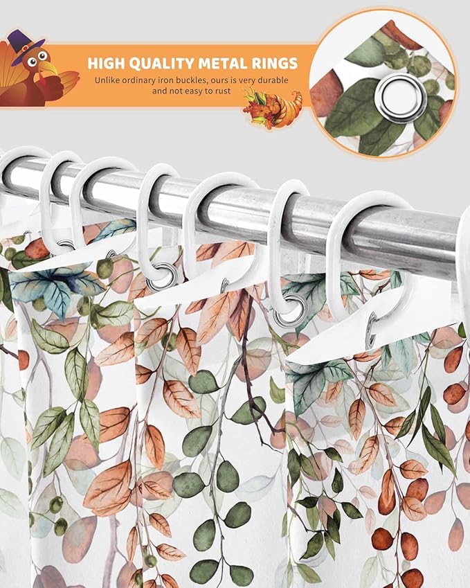 Fall Thanksgiving Shower Curtain, Autumn Pumpkins Eucalyptus Leaves Shower Curtains Set with Hooks, Blue Sage Green Orange Waterproof Fabric Bathroom Curtains Decor Home Accessories,72 X 72 Inch Long