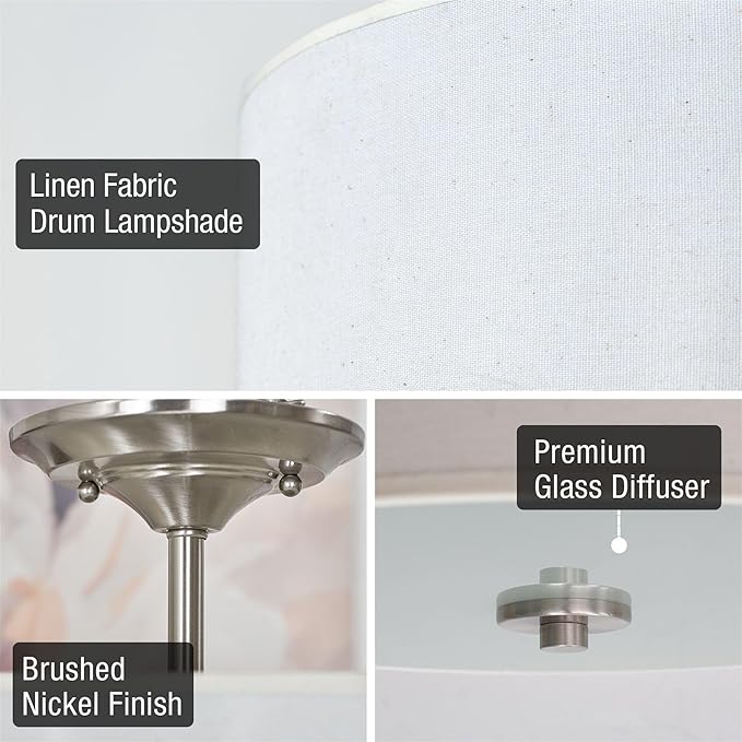 Kira Home Addison 13" 2-Light Semi-Flush Mount Ceiling Light Fixture with Off-White Fabric Drum Shade, Brushed Nickel Finish