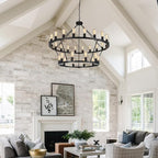 2 Tier Wagon Wheel Chandelier | 30-Lights 48 Inch Extra Large Chandeliers for High Ceilings | Black Wagon Wheel Light Fixture for Foyer | Entryway | Living Room