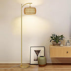Arc Floor Lamp with 3 Color Temperatures, LED Gold Floor Lamp with Remote & Stepless Dimmable Bulb, Boho Standing Lamp with Rattan & Fabric Shades, Farmhouse Tall Lamp for Living Room Bedroom