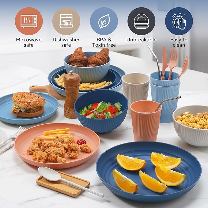 Wheat Straw Dinnerware Sets,64-Piece Plates and Bowls Sets for 8-Unbreakable,Reusable Plastic Dish Set-Dinner Plate/Dessert Plate/Cereal Bowl/Cup/Utensils-Microwavable Dishwasher Safe 64P-Light Gray
