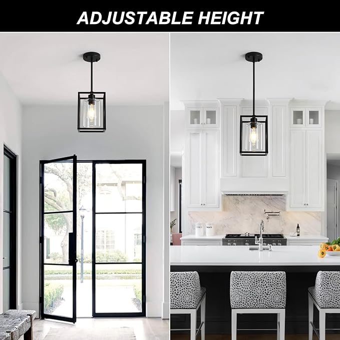 2 Pack Black Pendant Lights for Kitchen Island, 1 Light Farmhouse Lantern Pendant Light Fixtures Iron Cage Hanging Light Fixtures with Clear Glass Shade for Dining Room Entryway Hallway Porch