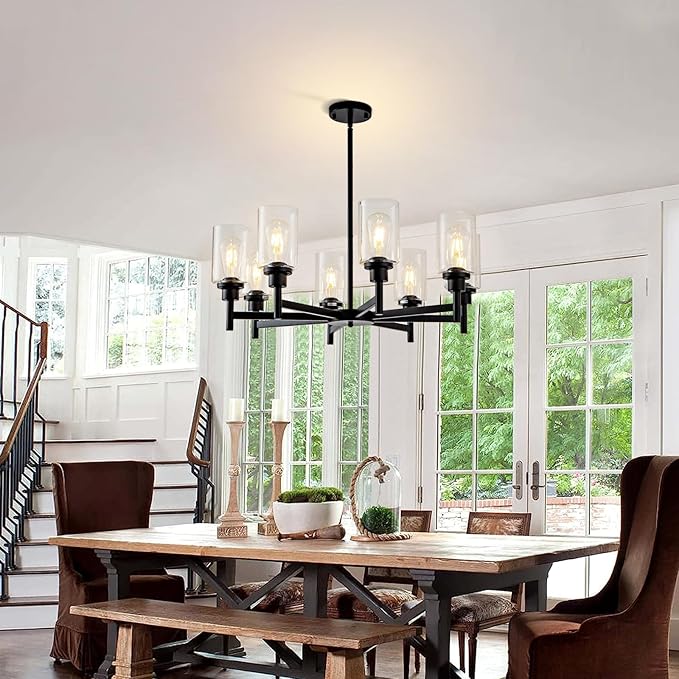 8 Light Black Chandeliers for Dining Room Light fixtures Over Table Modern Farmhouse Chandelier Industrial Hanging Pendant Lighting for Living Room Foyer Kitchen Table with Glass Shade