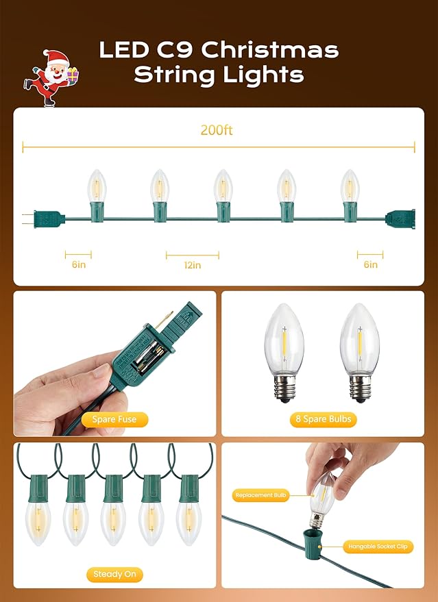 C9 Christmas Lights Outdoor, 200 FT 200 LED Vintage Warm White C9 String Lights Connectable for Christmas Tree Roofline Patio Garden Backyard Holiday Party Indoor Outdoor Decoration, Green Wire