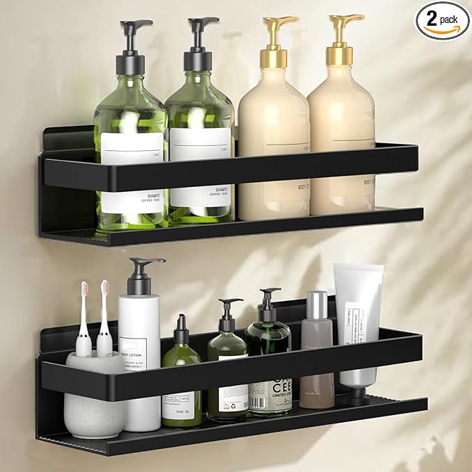 Aluminum Shower Rack 2-Pack 11.8in, Stick-on Bathroom Rack, Thickened and Sturdy Bathroom Storage Rack Wall-Mounted, no Punching and no Drilling Installation Methods(2 Layers 11.8in)
