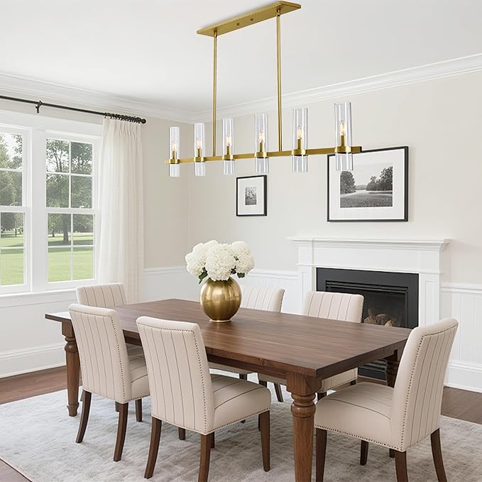 Untrammelife 6-Light Modern Linear Chandelier, 36" Gold Kitchen Island Pendant Lighting with Clear Glass Shade, Adjustable 54" Metal Rod Farmhouse Rectangle Hanging Light Over Table, Dining Room