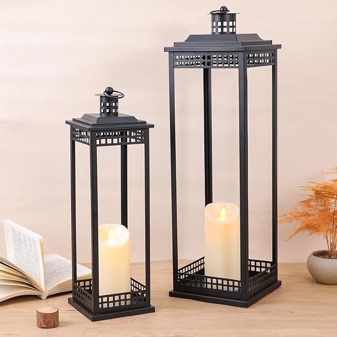 Vintage Lanterns Decorative Outdoor Indoor, 23'' 17'' Set of 2 Black Metal Candle Lantern, Lantern Decor for Retro Living Room, Patio, Fireplace, Porch, Garden, Balcony, Wedding Floor Lantern