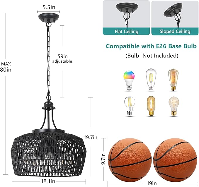 HMVPL Black Rattan Chandeliers for Dining Room, 5-Light Farmhouse Chandelier Light Fixture with Wicker Lampshade, Large Boho Coastal Hanging Pendant Lightting for Kitchen Island Bedroom Living Room