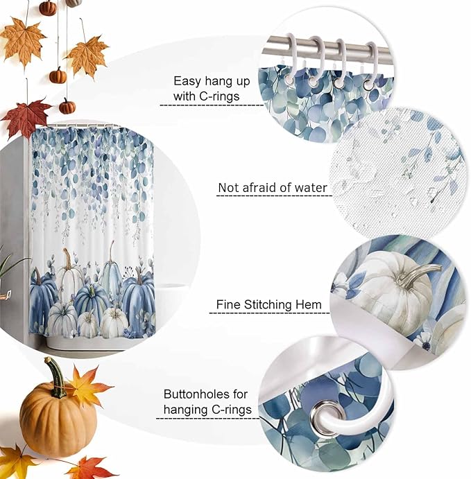 Vandarllin Fall Thanksgiving Shower Curtain, Blue Eucalyptus Leaves Shower Curtains Set with Hooks, Autumn White Pumpkin Waterproof Fabric Bathroom Curtains Decor Home Accessories,72 X 72 Inch Long