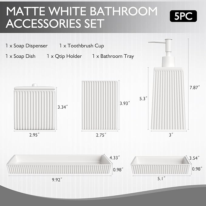 Bathroom Set - White Bathroom Accessories Set, 5PCS Ceramic Bathroom Accessory Set, Bathroom Sets with Soap Dispenser, Toothbrush Tumbler, Soap Dish, Q-tip Holder & Vanity Tray