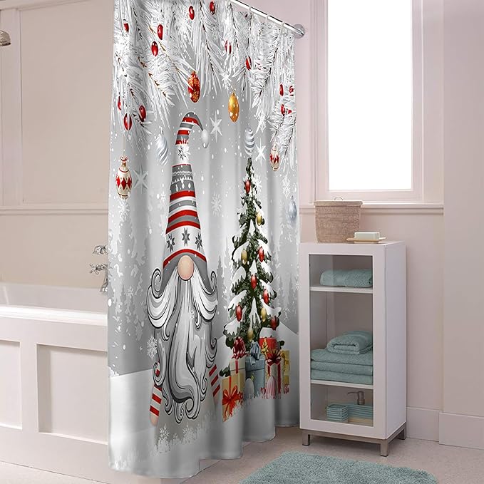 Vandarllin Christmas Gnome Shower Curtain, Winter Merry Christmas Tree Balls Shower Curtains Set with Hooks, Grey Waterproof Fabric Bathroom Curtains Decor Home Accessories, Stall Long 54 X 78 Inch