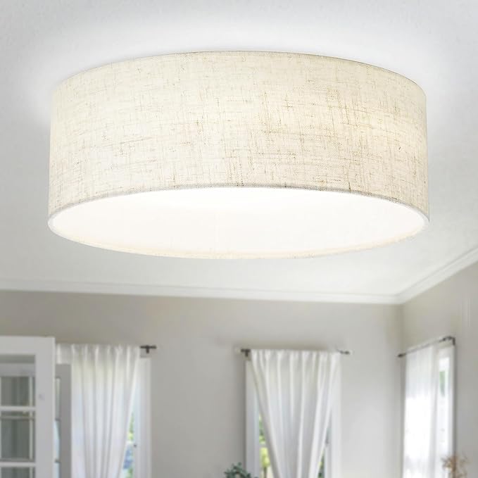Hamilyeah LED Ceiling Light Flush Mount 24W, 12 inch Drum Ceiling Light Fixture 5000K, Dimmable Close to Ceiling Light with Beige Fabric Shade for Kitchen, Living Room, Bedroom, Bathroom, Entryway