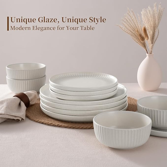 Famiware Starlight Dinnerware Sets, Plates and Bowls Dish Set of 6 (18 Pieces), Ribbed Textured Tableware - Dishwasher & Microwave Safe, Chip Resistant, Reactive Glaze, Matte Reactive White