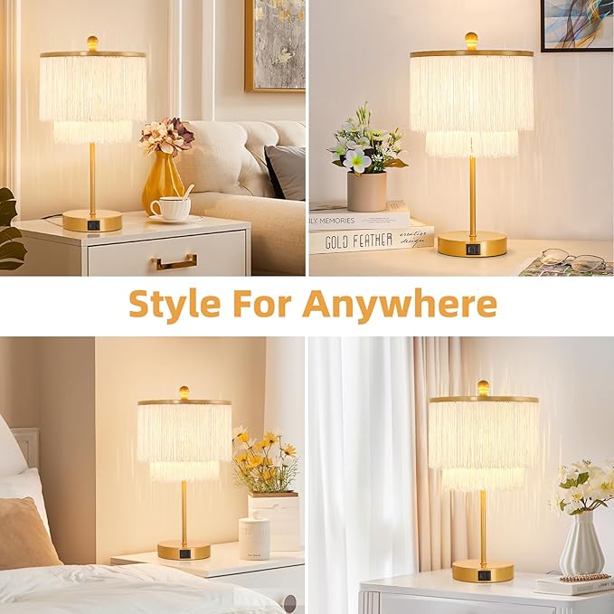 Boho Lamp for Bedroom, 3-Way Dimmable Bedside Touch Lamp with USB Charging Port, Gold Table Lamp, Fringe Boho Table Lamp for Living Room, Teens Room, Dresser, Nightstand, LED Bulb Included