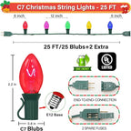 C7 Christmas String Lights-25Ft Vintage Christmas Lights with 27 Multicolor C7 Light Bulbs (2 Spare),C7 Christmas Lights Outdoor for Christmas Party Backyard Wedding- Green Wire
