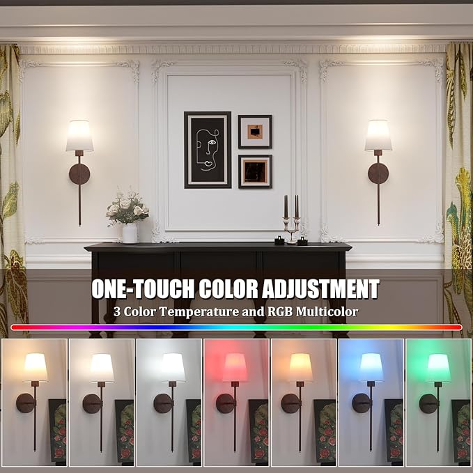 Battery Operated Wall Sconces Set of 2, Walnut Color Wall Lamp 5000 mAh Rechargeable Bulb with 12 RGB Colors Dimmable Wall Sconce for Living Room Bedroom
