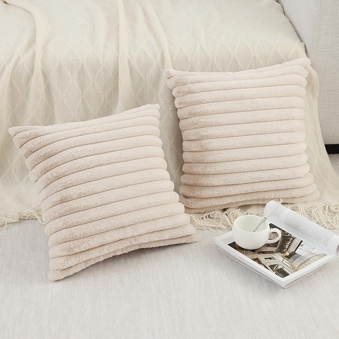 Pallene Faux Fur Plush Throw Pillow Covers 24x24 Set of 2, Luxury Soft Fluffy Striped Decorative Pillow Covers for Sofa, Couch, Living Room, Apricot