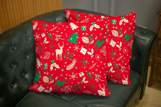 CAPSCEOLL 2PCS Red Standard Pillow Covers 16X16Inch Green Christmas Reindeer Branch Deer Floral Pine Tree Snowflake Soft Pillow Covers for Bedroom Sofa Living Room Decorative Throw Pillow Covers