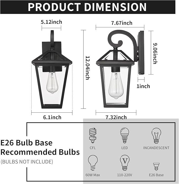 Outdoor Wall Light Fixtures, Waterproof Exterior Wall Lanterns with Glass, Outside Wall Sconces, Front Porch Lights for House Garage Doorway Patio 7H1B-M-2PK BK