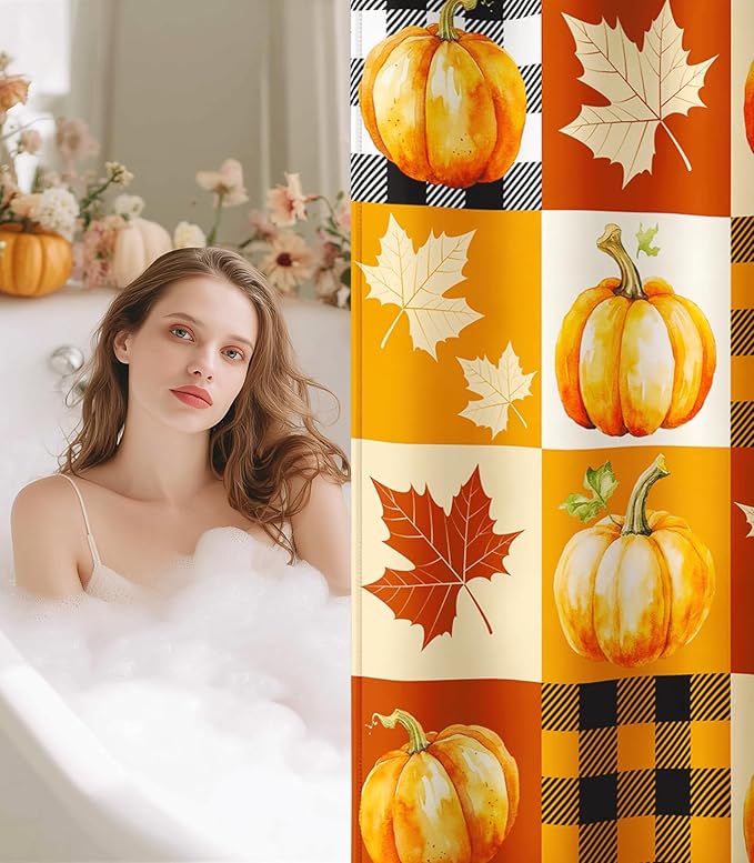 MAMUSE Fall Shower Curtain for Bathroom Stall Cute Decorative Waterproof Unique Design TeenWomen Cortinas de Baño Bathtub 72 x72 Inch, Plaid Pumpkins