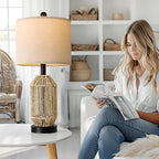 OYEARS 21" Boho Table Lamps Set of 2 for Living Room, Bedside Lamps for Nightstand, Rattan Lamp for Bedroom, Farmhouse Table Lamps for Boho Decor, End Table, Retro, Black