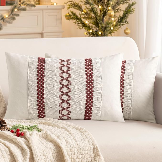 MIULEE Set of 2 Christmas Burgundy Boho Decorative Lumbar Pillow Covers 12x20 Inch Farmhouse Rustic Couch Throw Pillows Modern Cotton Cushion Covers Retro Macrame Woven Home Decor for Bed Sofa Chair