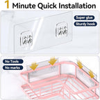 YASONIC Corner Shower Caddy Organizer, 3-Pack Self-Adhesive Rustproof Bath Shelves with Soap Holder & 4 Hooks, Large Capacity Shower Storage Rack for Bathroom Organization, Pink