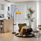 MIXL-Black Arch Floor Lamp with Wood Table,2-Tier Shade Over Couch Curved Floor Lamp,Unique Ambient Lighting,Mid Century Modern Standing Light for Office Nursery