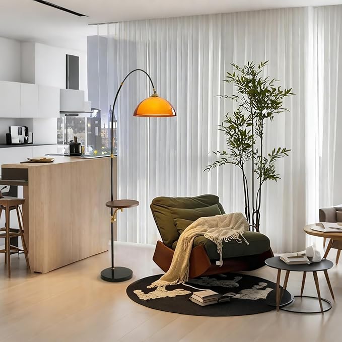 MIXL-Black Arch Floor Lamp with Wood Table,2-Tier Shade Over Couch Curved Floor Lamp,Unique Ambient Lighting,Mid Century Modern Standing Light for Office Nursery