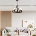 Farmhouse Chandelier Lighting Round 5 Lights Oil Rubbed Bronze with Glass Shade Ceiling Hanging Vintage Rustic Light Fixture for Dining Room Living Room Foyer Porch Kitchen Island