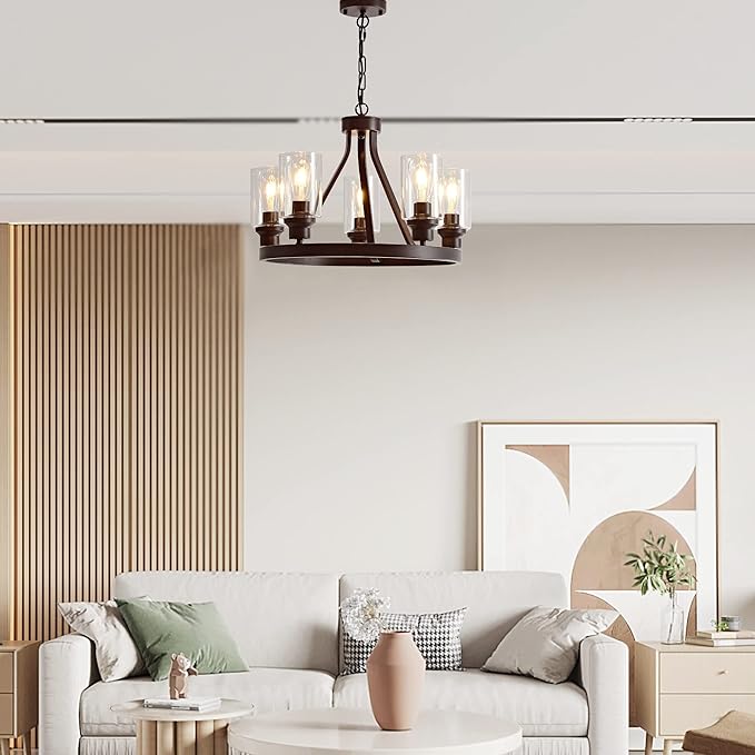 Farmhouse Chandelier Lighting Round 5 Lights Oil Rubbed Bronze with Glass Shade Ceiling Hanging Vintage Rustic Light Fixture for Dining Room Living Room Foyer Porch Kitchen Island